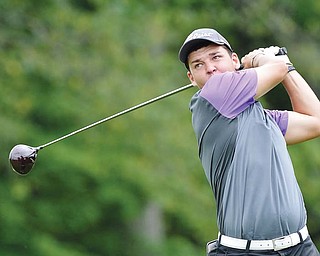 Matt Gurska watches his tee shot during the fifth annual Vindicator Greatest Golfer tournament Sunday at The Lake Club in Poland. The 21-year-old Robert Morris University senior won the Pete Mollica division with a 5-under par for the tournament.