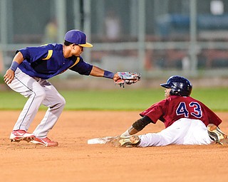 Scrappers baserunner Greg Allen (43) steals second base ahead of a tag attempt by State College shortstop Robelys Reyes during Monday’s New York-Penn League game at Eastwood Field in Niles.