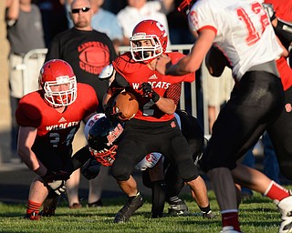 Jeff Lange | The Vindicator  Wildcat wide receiver Brett Nemeth runs past the tackle of Campbell's Braydon Scott on his way into the end zone for the first touchdown of the game for Struthers, Thursday night. Struthers Jay King looks on from behind.