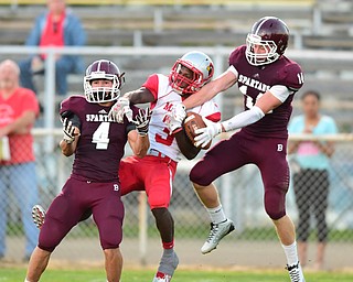 BOARDMAN, OHIO - AUGUST 29, 2014: Defensive back Matt Filipovich #14 of Boardman intercepts a pass intended for receiver Jarrell Jackson #3 of Mentor during the 2nd quarter of Friday nights OHSAA football game at Boardman Spartans Stadium. (Photo by David Dermer/Youngstown Vindicator) Linebacker Bradie Crandell #46 pictured. Defensive back Jon Cina #4 in coverage.