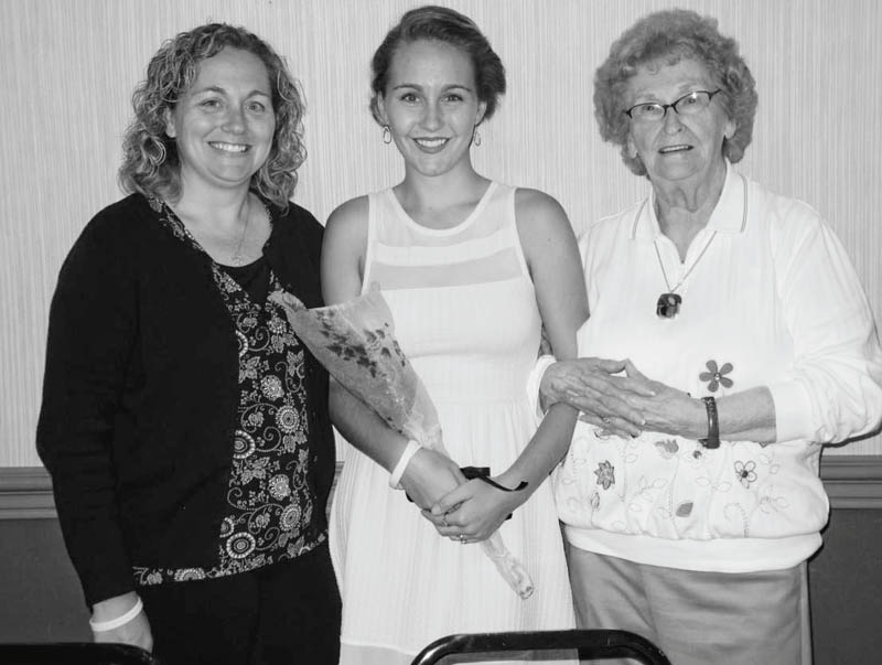 SPECIAL TO THE VINDICATOR
Kayla Malmfeldt of Lake Milton, center, the newest recipient of a scholarship from the Mill Creek Chapter of the American Business Women’s Association, was honored at the chapter’s Aug. 12 meeting at A La Cart Catering in Canfield. Malmfeldt was class valedictorian at Jackson-Milton High School. She is now a junior at the University of Akron. Her mother, Kelly Sites, also of Lake Milton, is on the left, and her great-grandmother, Mary Jane Long, of Austintown, a long-time member of the chapter, is at right. Scholarships also were renewed for Carly Graff of Boardman, a nursing student at Youngstown State University, and for Hilary Allen of Canfield, an Ohio State University student.