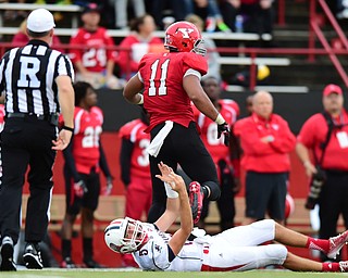 YOUNGSTOWN, OHIO - SEPTEMBER 6, 2014: Quarterback Dillon Buechel #5 of Duquese pleads for a late hit call after being taken down by defensive linemen Derek Rivers #11 during the 4th quarter of Saturday afternoon game at Stambaugh Stadium. YSU won 34-23. (Photo by David Dermer/Youngstown Vindicator)