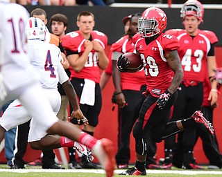 YOUNGSTOWN, OHIO - SEPTEMBER 6, 2014: Running back Martin Ruiz #29 of YSU runs the football down the sideline during the 4th quarter of Saturday afternoon game at Stambaugh Stadium. YSU won 34-23. (Photo by David Dermer/Youngstown Vindicator)