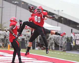 Youngstown State's Andrew Williams (80) celebrates with Nate Adams (44,behind williams) and Jelani Berassa (8) during the first quarter of Saturday evenings matchup at Stambaugh Stadium.  Dustin Livesay  |  The Vindicator  9/6/14  Stambaugh Stadium