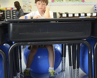 Katie Rickman | The Vindicator.Benjamin Moore, 8 of North Jackson reads while sitting on a medicine ball at Jackson-Milton Elementary School Tuesday, September 9, 2014.