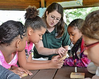 Jeff Lange | The Vindicator  Amy Reeher of the Trumbull Soil & Water Conservation District helps (from left; Shi'nece Honzy 9, Trinity Brown 9, and second from right Aniya Starks 9 of McGuffey) determine which creatures are present in their water pollution activity, Tuesday morning at Perkins Park.