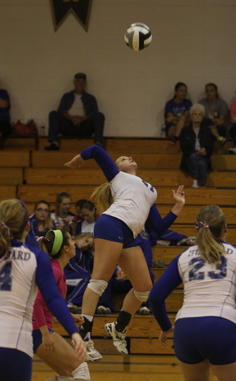 Hubbard's Alvia Sandberg (21)  spikes the ball during Thursday evenings matchup against Lakeview at Lakeview High School in Cortland.  Dustin Livesay  |  The Vindicator 09/11/14  Lakeview High School.