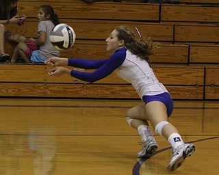 Hubbard's Macey Sarisky (7) dives to return a serve during Thursday evenings matchup against Lakeview at Lakeview High School in Cortland.  Dustin Livesay  |  The Vindicator 09/11/14  Lakeview High School.