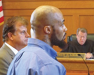 David Martin stands with one of his attorneys, Matt Pentz of the Ohio Public Defender’s office, as Trumbull
County Judge Andrew Logan reads guilty verdicts to all charges in Martin’s murder trial Thursday.