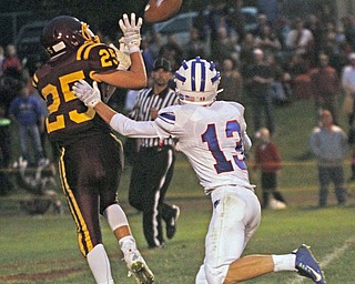  .          ROBERT  K. YOSAY | THE VINDICATOR..#25 Raiders Nick Stanton pulls in an interception intended for #13 Wyatt Larimer during second quarter action..Western Reserve at South Range Stadium...-30-