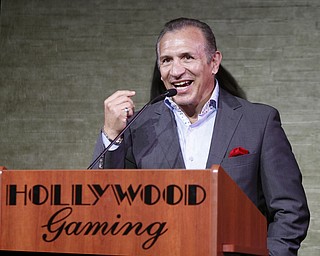        ROBERT K. YOSAY  | THE VINDICATOR..   RAY BOOM BOOM MANCINI  talks to the crowd and hopes to someday have boxing at the facility ...Opening DAY  at the Austintown Hollywood Gaming as Ray 'BOOM-BOOM' Mancini was the high light of the ribbon cutting... -30-
