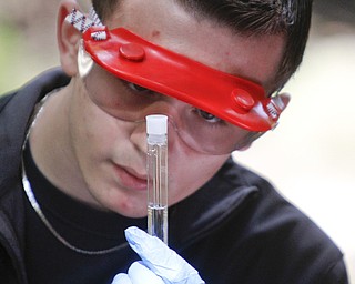       ROBERT K. YOSAY  | THE VINDICATOR..Ben Brammer  watches as water sample reacts.. to chemicals...-  Students in the AP environmental science class at Struthers High School will perform stream quality testing at Yellow Creek Park .. -30-