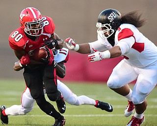 YOUNGSTOWN, OHIO - SEPTEMBER 20, 2014: Receiver Andrew Williams #80 of YSU runs with the football while being tackled by defensive back Mike Dennis #17 and linebacker Wesley Nagaseu #9 of Saint Francis during the 1st half of Saturday nights game NCAA football at Stambaugh Stadium. (Photo by David Dermer/Youngstown Vindicator)