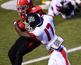 YOUNGSTOWN, OHIO - SEPTEMBER 20, 2014: Receiver Jelani Berassa #8 of YSU catchers a pass on the sideline while being tackled by defensive back Mike Dennis #17 of Saint Francis during the 1st half of Saturday nights game NCAA football at Stambaugh Stadium. (Photo by David Dermer/Youngstown Vindicator)