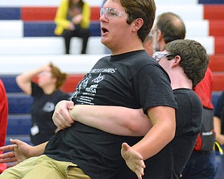 Jeff Lange | The Vindicator  Canfield seniors Jacob Brothers and Austin Hall celebrate their victory in the semi finals of the Mahoning Valley Robotics Challenge held at Austintown Fitch High School, Saturday, September 20th.