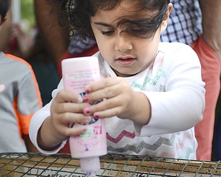 Katie Rickman | The Vindicator.Simran Sethi, 4, of Canfield pours paint into a spin box to create spin art during Silly Science Sunday downtown Youngstown on Sunday, Sept. 21, 2014.