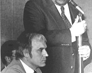May 17, 1984 - Traficant listens as Don Hanni, on the right, speaks to members of Mahoning County Democratic party in Youngstown.