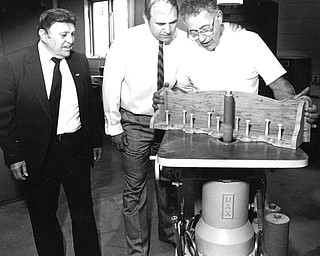 May 1, 2987 - Former mayor of Hubbard, William Colletta, Jim Traficant watch Sam Pagano use a spindle sander.