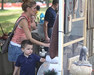 Riley Gonsalves (3) of New Springfield looks at stuffed snowmen with his mother Tracy Stuba of New Springfield during the Oktoberfest at the Boardman Park on Sunday afternoon. 