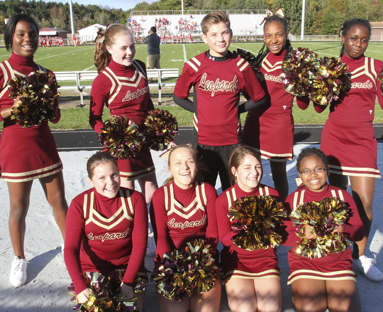 William D. Lewis the Vindicator  Dakota Hrabowy, Liberty 8th grader is the first boy in the district to be a cheerleader. He is shown cheering at a football game 9-25-14 in Liberty. Front l-r LindseyCleland, Rachel Derenzis,alexa Henry, Daja Beasley-Williams. Back Jurnee Terry, Sydney Lara, Dakota Hrabowy, Sarah Ross and Imani Seals.