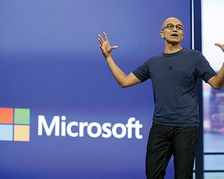 Microsoft CEO Satya Nadella gestures during the keynote address of the Build Conference in San Francisco. Microsoft plans to offer a glimpse of its vision for Windows today as Nadella seeks to redefine the company and recover from missteps with its flagship operating system.