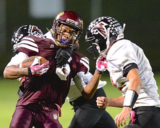 Jeff Lange | The Vindicator  Liberty's Lynn Bowden is forced out of bounds Jefferson defenders after running for a gain of yards in the first quarter, Friday night in Liberty.