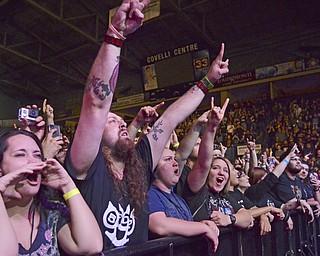Katie Rickman | The Vindicator.The crowds reacts, throwing their hands in the air at the sold out show for Five Finger Death Punch at the Covelli Centre in Youngstown on Saturday, Oct. 4, 2014.