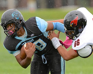 Jeff Lange | The Vindicator  Panthers' running back Damon Green (28) rushes as he is tackled from behind by Canfield defender Jacob Esarco (66) during Saturday afternoon's game at Rayen Stadium.