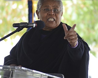 Katie Rickman | The Vindicator.Minnijean Brown-Tricky a civil rights activist speaks to a crowd at the 5th annual Nonviolence Parade and Rally on Sunday, Oct. 5, 2014. A rally followed the parade which traveled from Wood St. in Youngstown, down Wick Ave. and ended at the Covelli Centre.