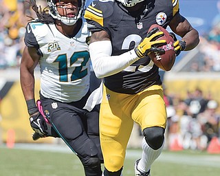 Steelers cornerback Brice McCain intercepts a pass in front of Jaguars wide receiver Mike Brown and returns
it 22 yards for a touchdown in the second half of Sunday’s game in Jacksonville, Fla. The Steelers defeated the Jaguars, 17-9.