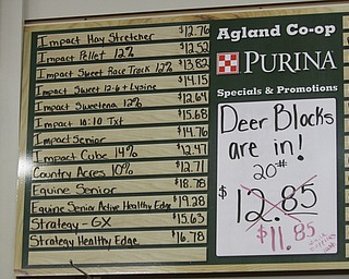        ROBERT K. YOSAY  | THE VINDICATOR.. Erica Wilson, horse specialist with Agland Co-op. talks about the different types of Purina products they have a AGLAND in Canfield as it prepares for the upcoming racing season...-30-