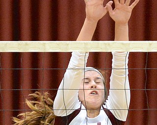 Jeff Lange | The Vindicator  Boardman's Hope Landers attempts to block a Lakeview shot during their Tuesday night matchup in Boardman.