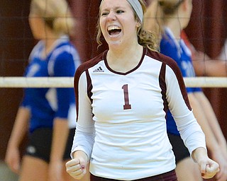 Jeff Lange | The Vindicator  Boardman's Rachel Hosa celebrates a point over the Lakeview Bulldogs during their 5-game matchup in Boardman, Tuesday night.