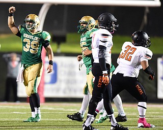 YOUNGSTOWN, OHIO - OCTOBER 10, 2014: Vito penza #39 of Ursuline of Massillon celebrates after a Massillon field goal attempt sailed wide right late in the 4th quarter during the 2nd half of Friday nights OHSAA game at Stambaugh Stadium. (Photo by David Dermer/Youngstown Vindicator) Ursuline Massillon #65 Devin Matthews, Massillon Montrell Stevens #17 and Austen Dixon #32 pictured.