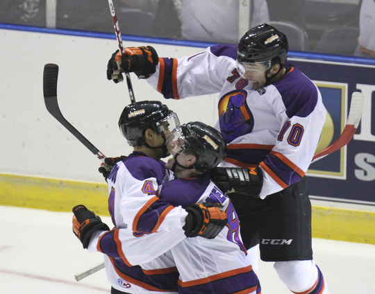 William D Lewis The Vindicator  Phantoms Kiefer Sherwood(44) left, gets congrats from team mtes Josh Melnick(8) and Kevin Conley(10) after winning game with a shoot out goal during 10-10-14 game with Bloomington Thunder.