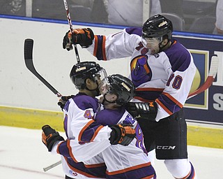 William D Lewis The Vindicator Phantoms Kiefer Sherwood(44) left, gets congrats from team mtes Josh Melnick(8) and Kevin Conley(10) after winning game with a shoot out goal during 10-10-14 game with Bloomington Thunder.