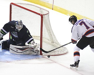 William D Lewis The Vindicator  Phantoms KMax Letunov(7) attempts a shot of Bloomingotn goalie David Jacobson(1) during 10-10-14 game with Bloomington Thunder.