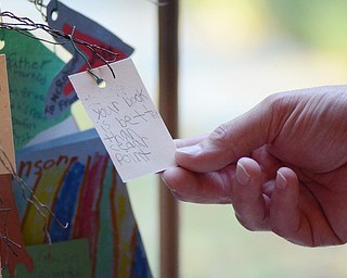 Katie Rickman | The Vindicator.Notes from children at Heartland Christian School hang from a small version of the Luvya Tree in the living room of D’Wayne Robinson’s Canfield home on Thursday, Oct. 9, 2014. D’Wayne discusses the book that he wrote called The Luvya Tree which discussed the illness of his wife and her death.