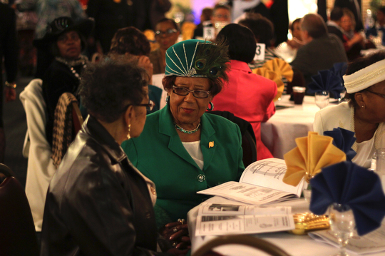 Rose Yates (left) and Beatrice Dixon both of Youngstown socialize before the start of the NAACP banquit at the Mahoning Country Club in Liberty on Friday evening.  Dustin Livesay  |  The Vindicator  10/10/14  Mahoning Country Club