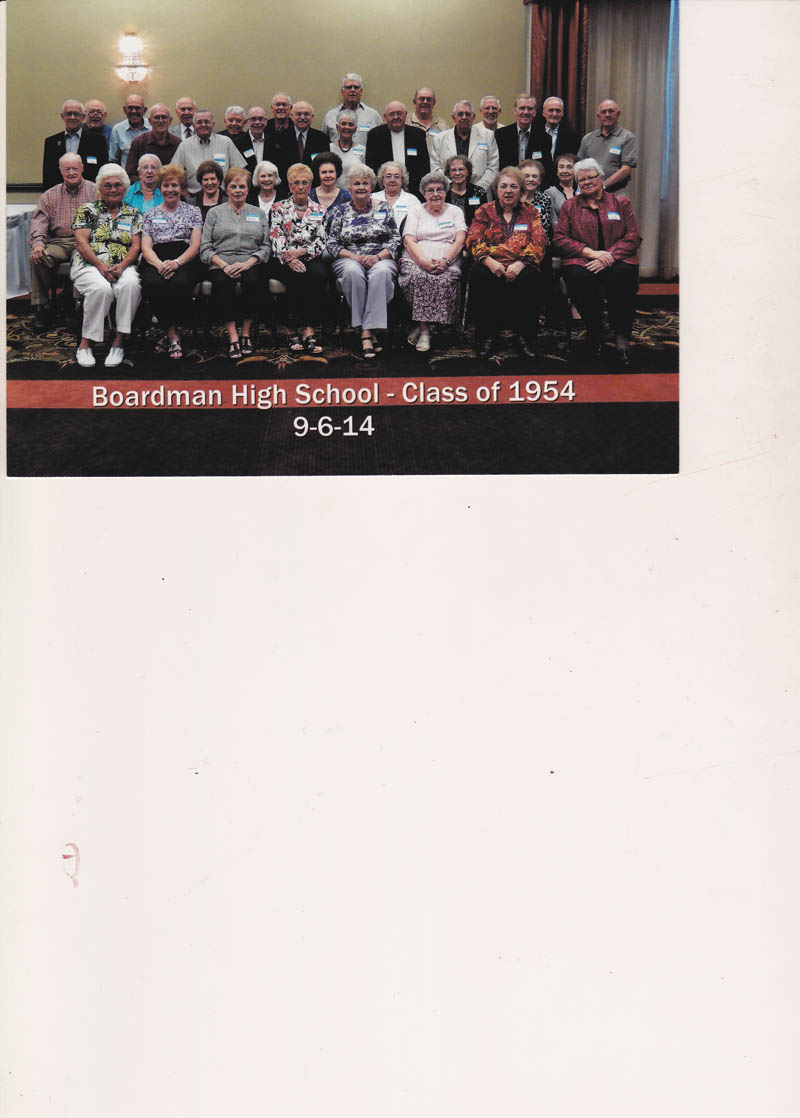 SPECIAL TO THE VINDICATOR
Boardman High School Class of 1954 celebrated its 60th class reunion Sept. 4 through 7. Sept. 5 was a gathering at the Magic Tree and Pub in Boardman; Sept. 6 a sit-down dinner was enjoyed at the Holiday Inn in Boardman; and members participated in a Sept. 7 brunch at A La Cart Catering in Canfield. In front from left are Donna Zarbaugh Felger, M. Jeanne Slicker Sposito, Shirley Jones Sandstrom, Nancy Yard Chinowth, Gail Baldwin Powers, Mary Clemons Huff, Jeanne Massaro Ziemianski and Janie Middletown Anderson. In row two are Wayne Williams, Janet Guthrie Tentinger, Noralee Goehring Klase, LaVerne Hughes Casto, Rosemarie Fintor Knott, Dorothy Kelly Harmon, Janice Fodor Yuhas, Anna Jean Schuller Cushwa and Pat Taylor Zeppernick. In row three are Al Johnson, John Saunders, Ted Green, Richard Cook, Bob Bernstein, Sally Gaskeen Simon, Jim Gorman, Charles Wagner, Bill Carnie and Joe McMurray. In row four are Luke Levy, Al Johnson, Don Garver, Tom Holloway, Howard Duvall, Bill Robertson, Bruce Robinson, David Seward and John Mahan.