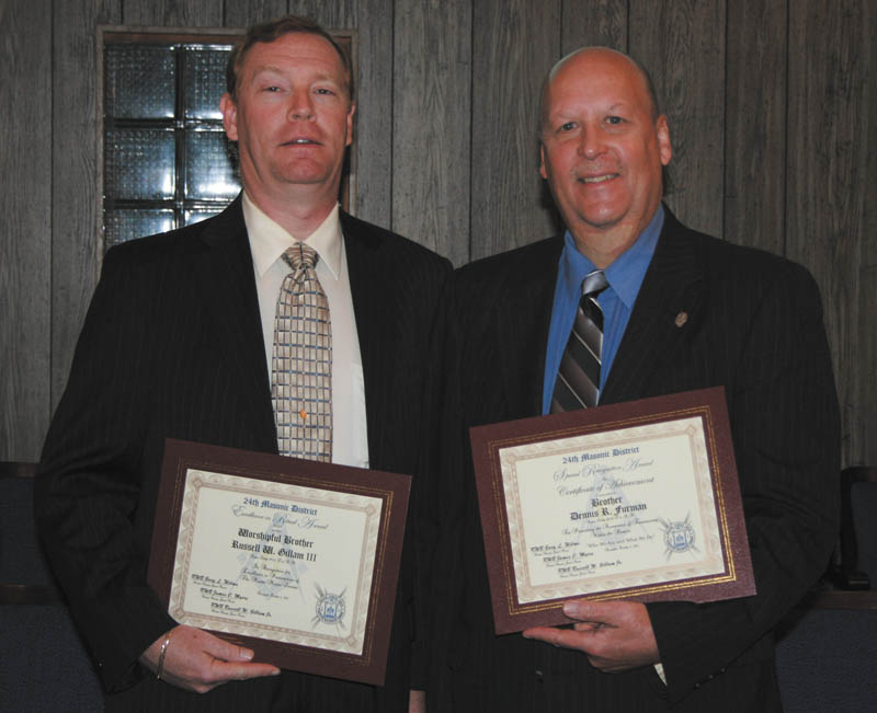 SPECIAL TO THE VINDICATOR
The following Masonic awards were presented by the district deputies at the 24th Annual District Association Awards Banquet at New Lisbon Lodge on Oct. 4. The Certificate of Excellence went to Russell W. Gillam III, left, in recognition for his excellence in the presentation of the master Mason lecture at the annual inspection. The Certificate of Achievement went to Denny Furman, at right, for promoting the awareness of Freemasonry within the district. Both men are members of Argus Lodge 545 F&AM in Canfield.

