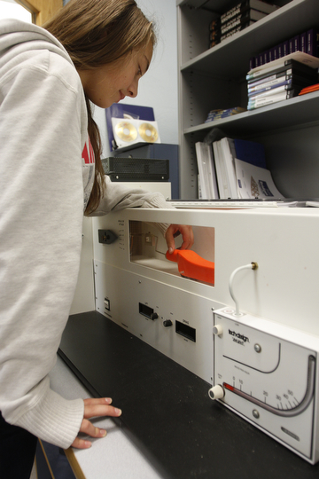        ROBERT K. YOSAY  | THE VINDICATOR..Gillian Pirone  8th grade (ok)  checks the aerodynamics of a car in a wind tunnel apparatus...   STEM students use computers, drawing programs, and study aerodynamics as part of the STEM program. ..-30-