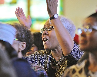 Jeff Lange | The Vindicator  Camille Pinkard, long-time member of Tabernacle Baptist Church rejoices during the service prior to the Tabernacle street dedication ceremony. The church celebrated it's 110th anniversary Sunday, October 12th.
