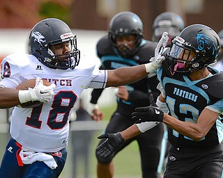 Jeff Lange | The Vindicator  Fitch's Antwan Harris pushes Panthers' LeAndre Green away as he runs the ball for a gain of yards, Saturday afternoon in Youngstown.