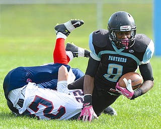 Jeff Lange | The Vindicator  Panthers' Jawalen Shaw (8) is brought down by Austintown's J.C. Mikovich on a run in the third quarter of Saturday's matchup at Rayen Stadium.