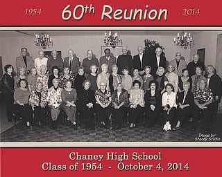 SPECIAL TO THE VINDICATOR Chaney Class of 1954 gathered for its 60th reunion Oct. 4 at A La Cart Catering in Canfield. Above are those who attended. Seated in front from left to right are Mary Ann Slanina Plunkett, Mary Gengenbacher Gesner, Jeannette Toth Carden, Mary Ann Mokri Kaso, Agnes Biscan Edwards, Charlotte Houser Hawkins, Margie Collins Diltz, Sue Cardelein Slovkosky, Barbara Schettino Noday, Delores Serenko Campbell, Agnes Smith Sauer and Vincent Severino. In row two are Donna Garman Steinbeck, Janet Blasko Vernille, Marilyn Rudy Kurty, Mary Lou Moss Godleski, Dorothy Bacha Close, Irene Kuthy Koehler, Billy Jo Ristle Jagers, Dorothy Wolley Kaglich, Mary Ann Kovacs Timko, Thelma Callison Schmid, Donna Thompson Jones, Audrey Sebastiani Zaksek, Jean Bodak Billy, Joan Bodak, James Altiere, Theresa Cicatiello, Judy Peskor Edwards and Louise Hess Cintala. In the back row are Joe Dailey, John Nemcik, Jack Jones, Jim Proverbs, Bob Zinz, Carl Vaughn, Jerry Kuzma, Christy Direnzo, Mike Rinko, Edward Vallus and Bob Fusco.
