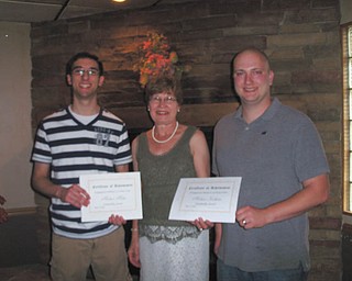 SPECIAL TO THE VINDICATOR Youngstown Mothers of Twins Club recently awarded two $500 scholarships. Above are Kay McCarthy, scholarship chairwoman, with students Michael Miller, left, and Michael Kachelries. Miller, a triplet, is the son of Phyllis and Mike Miller. He attends Youngstown State University and is majoring in secondary education. Kachelries is the father of triplets, and his wife, Chelsea, is a member of Youngstown Mothers of Twins. He is attending Ohio State University and is pursuing a master’s degree.