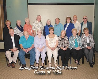 SPECIAL TO THE VINDICATOR The graduating class of 1954 of Springfield Local High School had its 60-year reunion Sept. 23 at Cafe 422 in Boardman. Seated from the left are Hervey Harper, Bill Kariher, June McMurray Casity, Virginia Allen McCreery, Mildred Guterba Stratton, Delores Dey Brown and Patricia Baun Seem. Standing are Bernice Ohlin Krebs, Kay Kaiser Burkett, Mary Kunder Howell, Tom Toth, Barbara Wentz Seely, John Simcox, Cordetta Grossen Valthauser, Luke Bilas and Ed Susany.