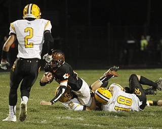 ROBERT  K. YOSAY | THE VINDICATOR.Crestview at Springfield..Springfields #11 Ryan Kohler gets stopped by Crestviews #17 Zach Marr #18Dean Foster and #2 Spencer DeSalvo watches