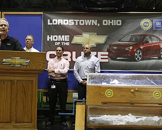        ROBERT K. YOSAY  | THE VINDICATOR..Greg Greenwood - Chevy All Stars President - Glenn Johnson - pres UAW 1112 Plant Manager - Steve Notar Donato - and Robert Morales President of UAW 1714 .....talks about  the 1 millionith car and cooperation of the  plant to help the community.- UAW Locals 1112 and 1714 purchased the one millionith Cruze  that was  raffled to a Lordstown UAW team member. (Sharon Frey of Mineral Ridge.- Raffle proceeds beyond the cost of the Cruze were donated to the St. Vincent DePaul Society of Youngstown. US REp Sherrod Brown will drew the winning name. ..-30-